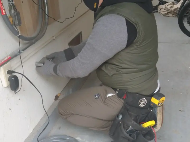 Electrician performing outlet wiring in a Big Bear Lake garage